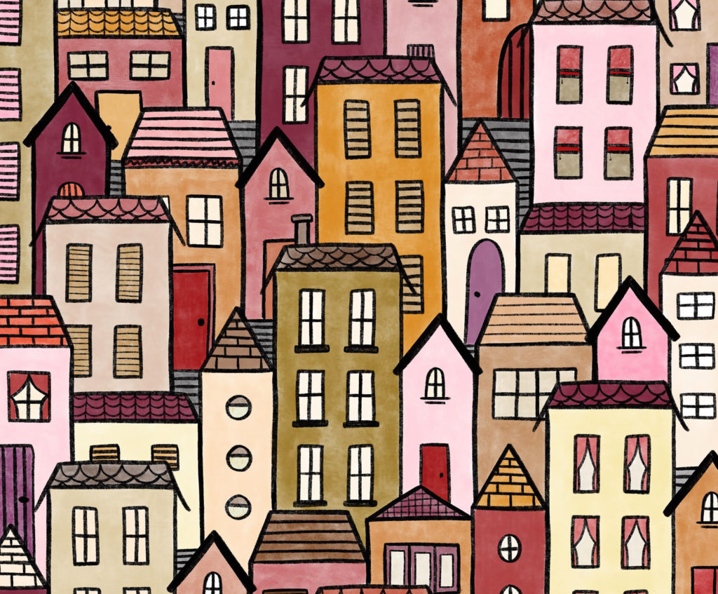 Multicoloured houses of different shapes and textures