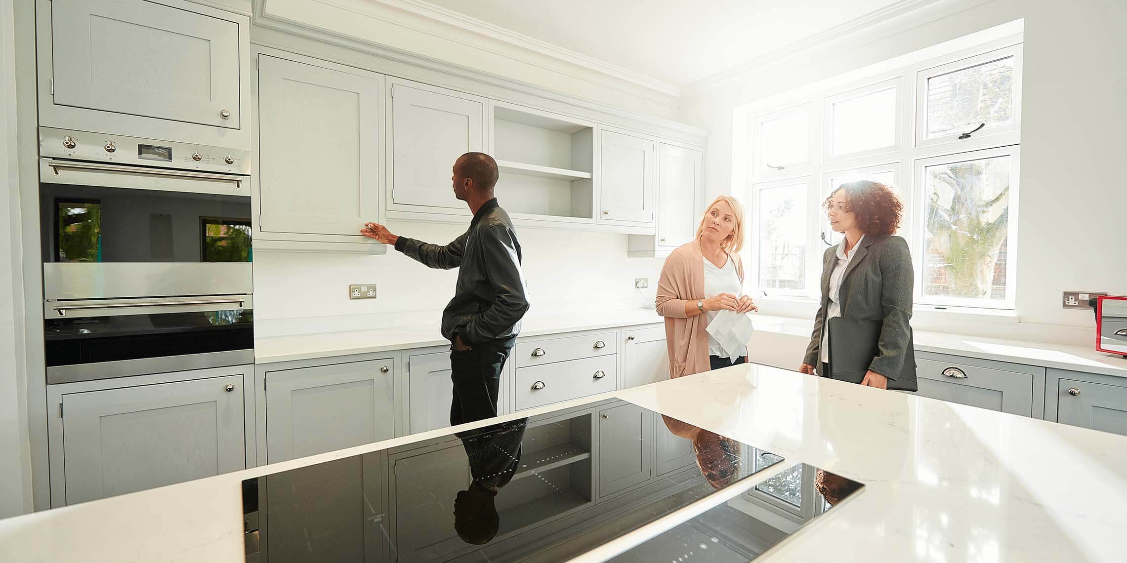 House viewing. Looking around a new property with an estate agent.