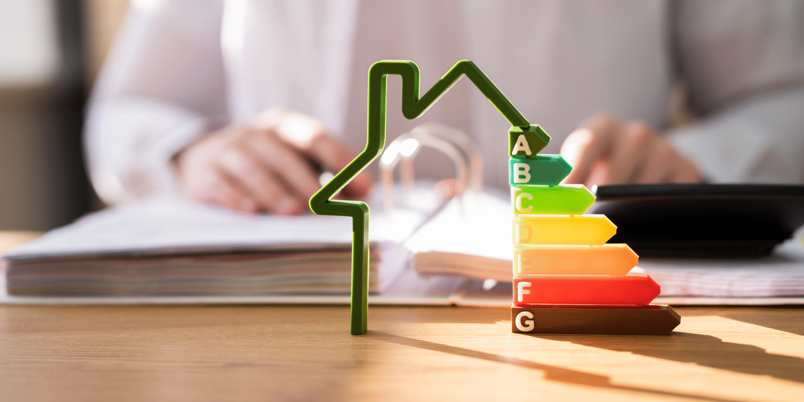 Plastic house figure on desk with the energy rating scale next to it.