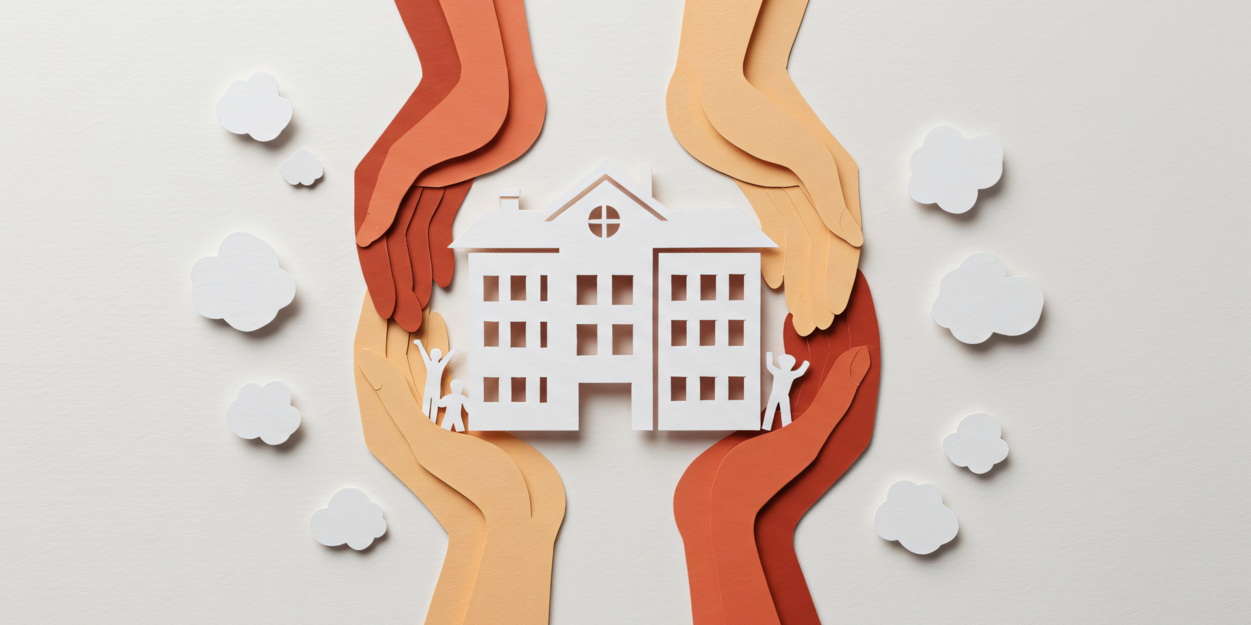 Paper collage of multiple hands surrounding a house.